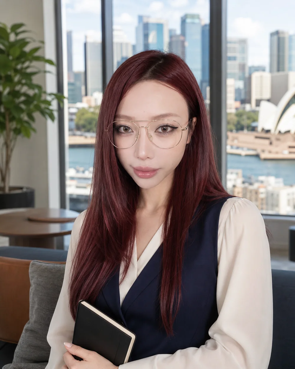 Woman in champagne metal soft-square glasses in a university setting