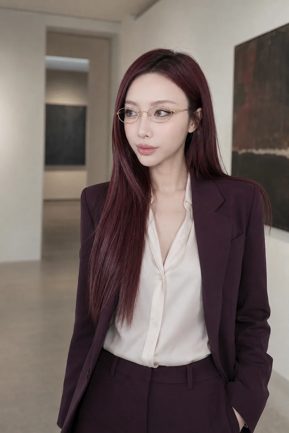 Woman wearing slim gold oval glasses in a contemporary office gallery