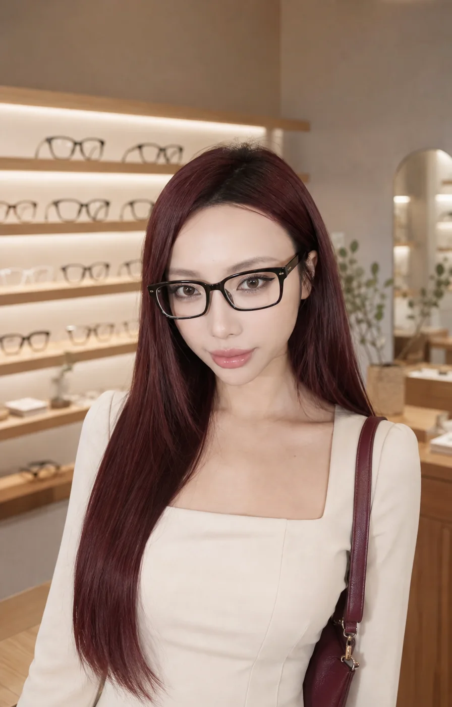 Woman in a bold black rectangular optical frame inside an eyewear boutique