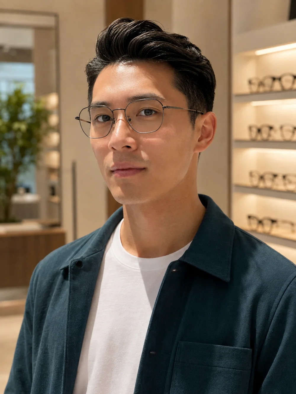 Asian man wearing a gunmetal pilot optical frame inside an eyewear boutique