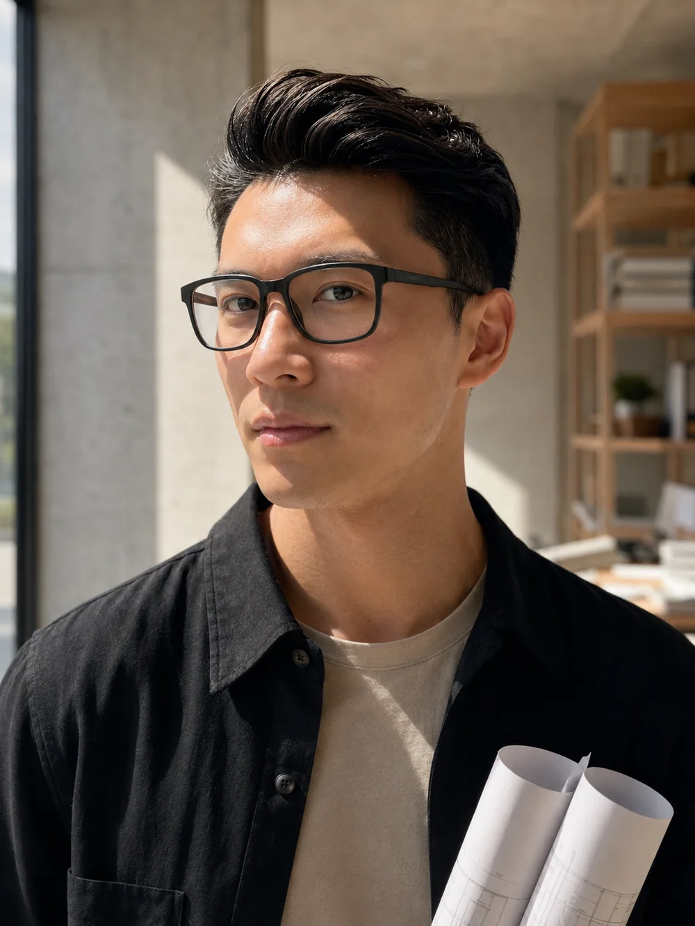 Man wearing a bold black rectangular optical frame in a modern office