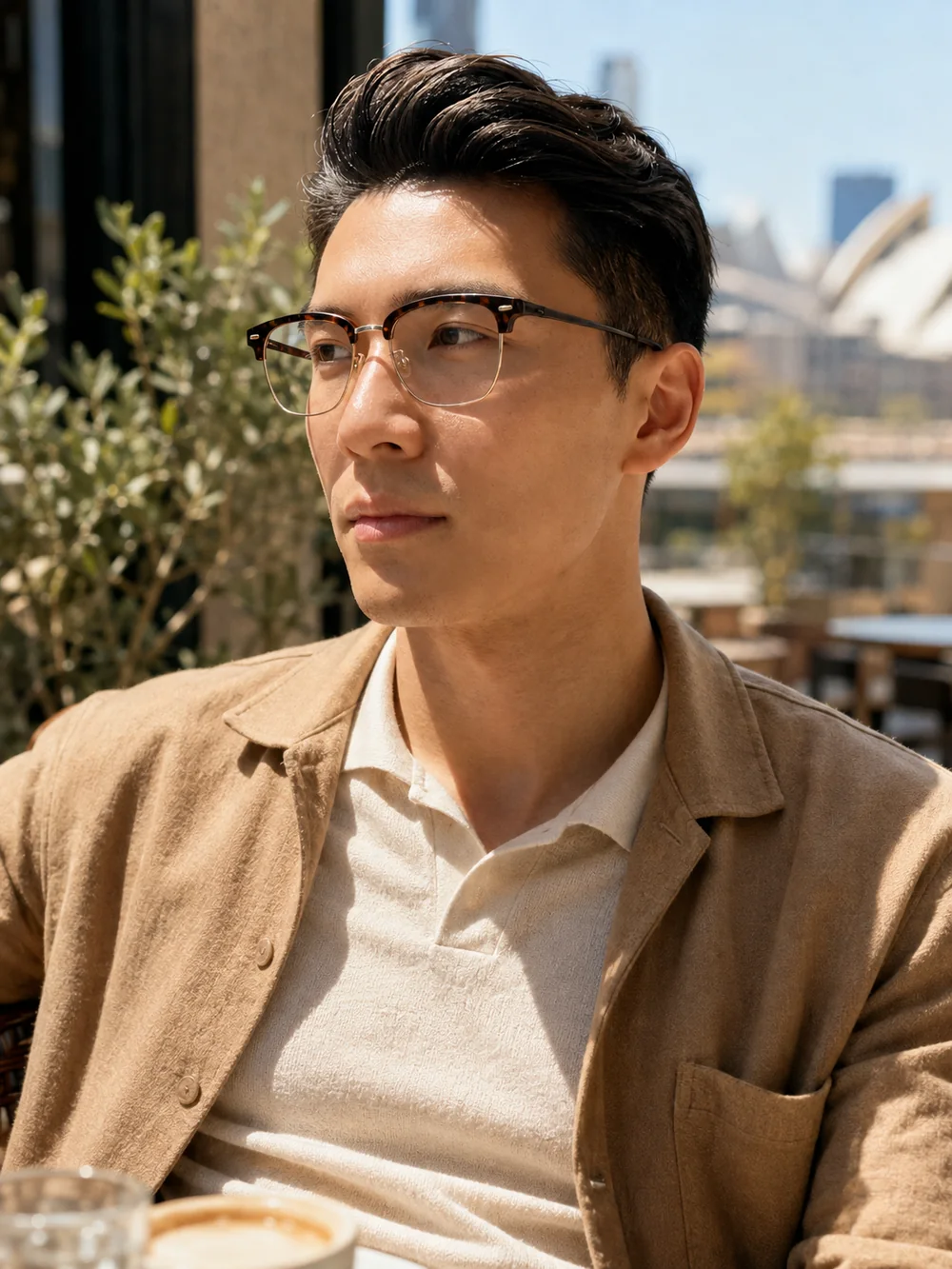 Asian man wearing a tortoiseshell browline optical frame at an outdoor cafe