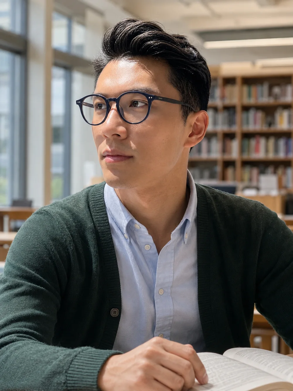 Asian man wearing navy rounded panto glasses while reading in a library