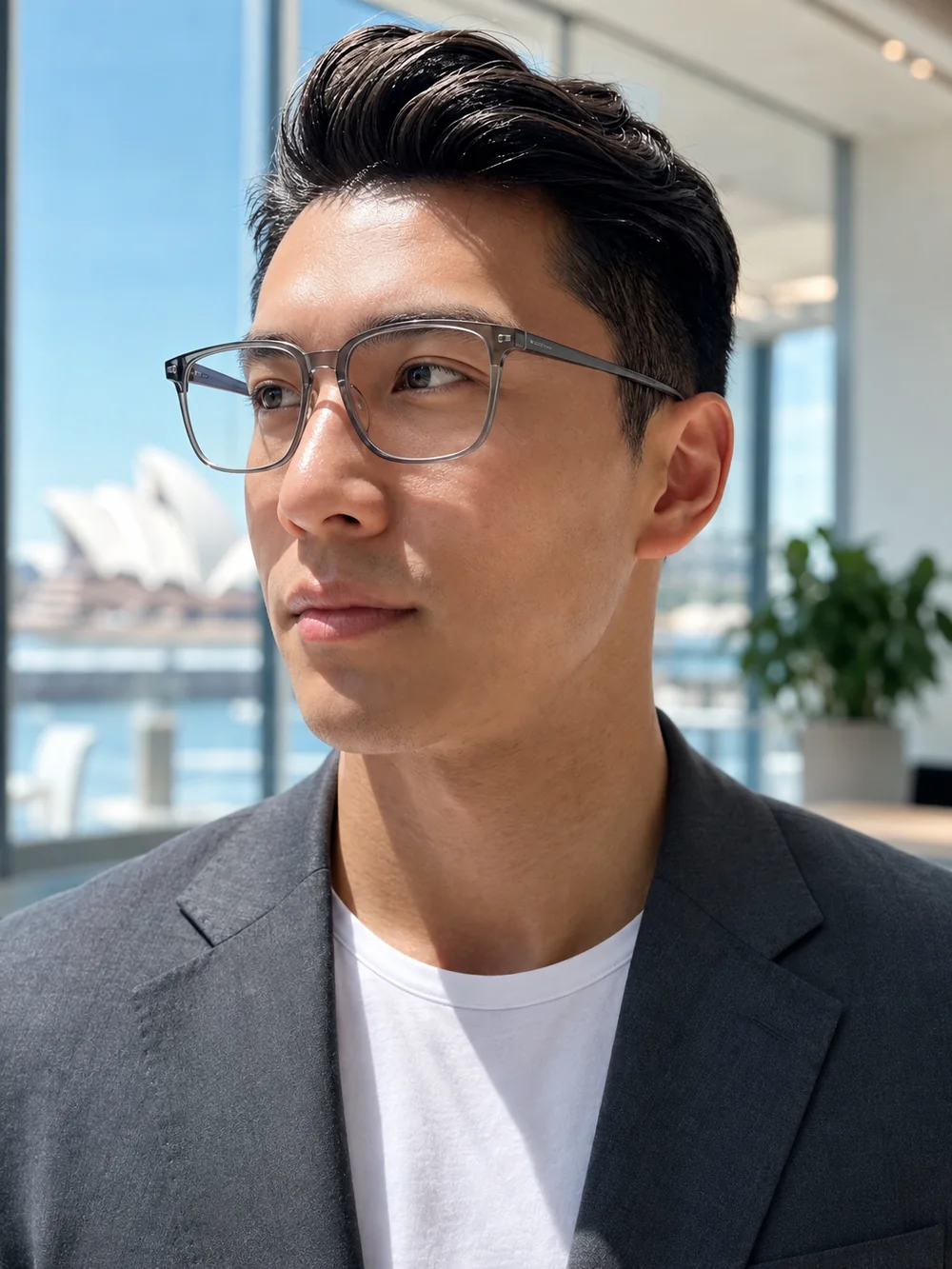 Asian man wearing a smoke-grey soft-square optical frame near Sydney Harbour