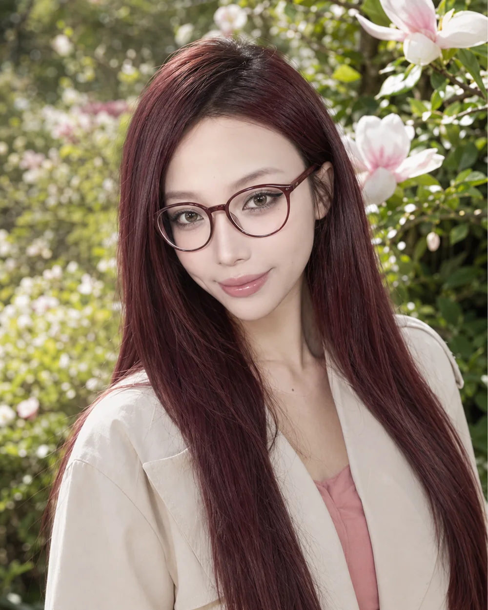 Woman wearing a burgundy panto optical frame in a spring garden