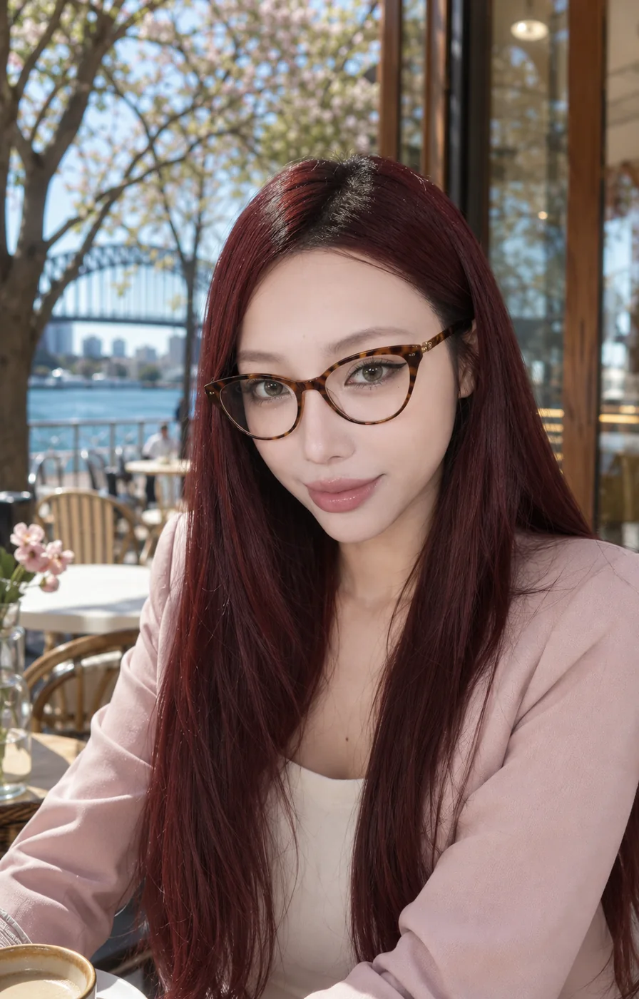 Woman wearing a tortoiseshell cat-eye optical frame at a harbourside cafe